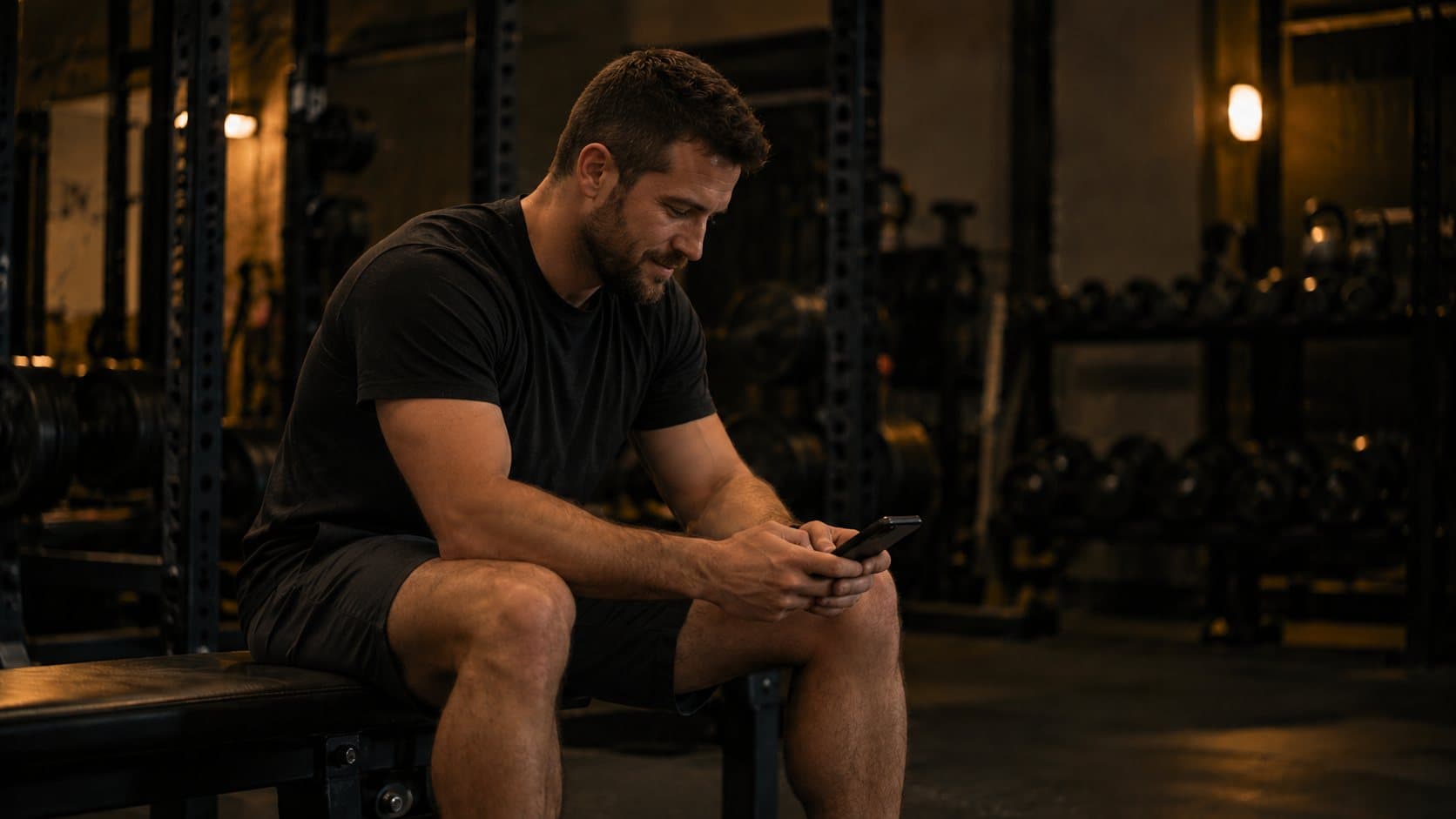 A coach checking a client’s meals on his phone between sessions